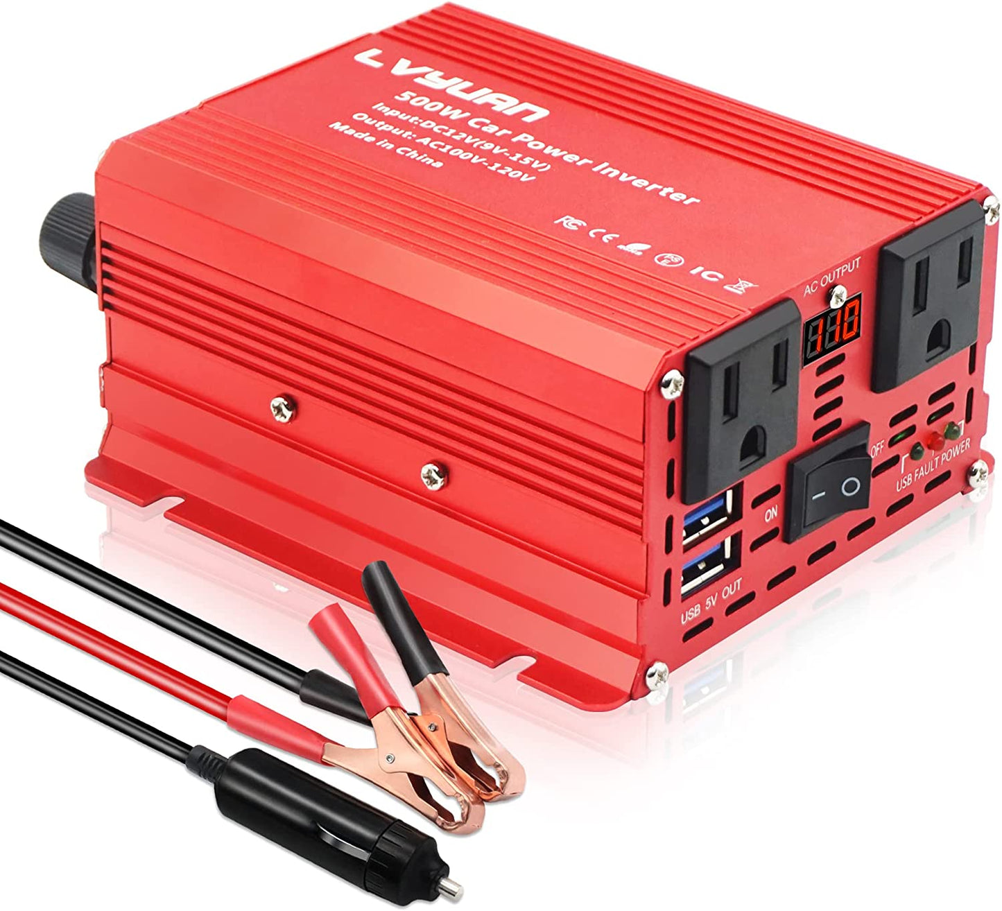LVYUAN 疑似正弦波インバーター 500W DC12V(直流)AC100V(交流)ワニ口クリップ付き - LVYUAN(リョクエン)公式ショップ