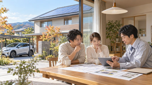 太陽光発電のある日本の住宅で家庭用蓄電池の増設計画を相談する様子