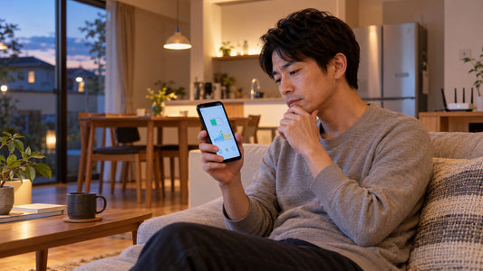 蓄電池の残量が減る理由をスマートフォンで確認する日本の住宅利用者
