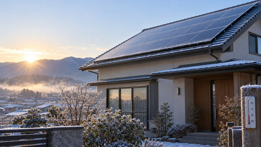 氷点下の冬の朝に太陽光パネルを設置した日本の住宅