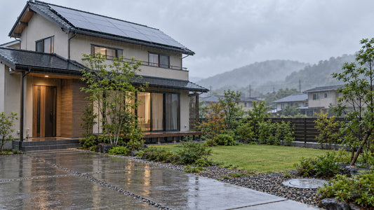 雨の日の日本住宅と敷地内の排水設備を離れて見た様子