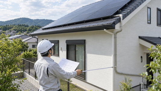 日本の住宅で太陽光パネルからの配線距離を測る施工者