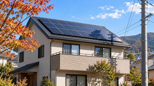 秋の日本住宅で太陽光パネルの一部に樹木と電柱の影がかかる様子