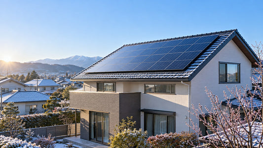 冬の日本住宅で太陽光パネルの開放電圧を確認するイメージ