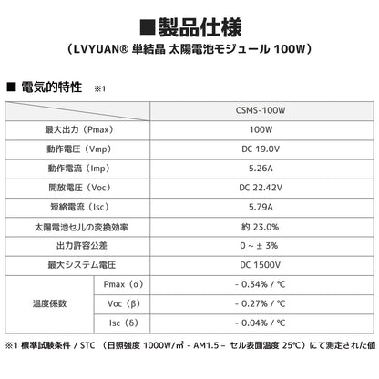 LVYUAN（リョクエン）100W 単結晶ソーラーパネル