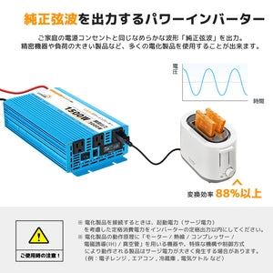 LVYUAN 純正弦波インバーター 1500W DC12V（直流）AC100V（交流）50HZ/60HZ切替