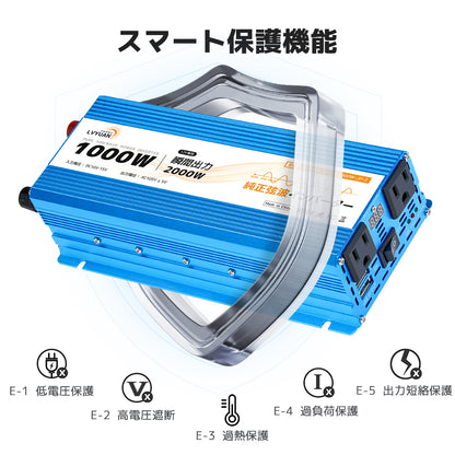 LVYUAN 純正弦波インバーター 1000W DC12V（直流）AC100V（交流）