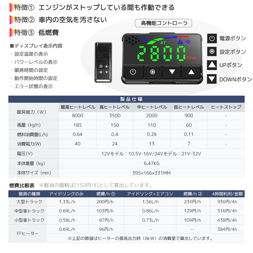 LVYUAN 8KW 4.5Lリットル 一体式エアヒーター（シルバー-12V