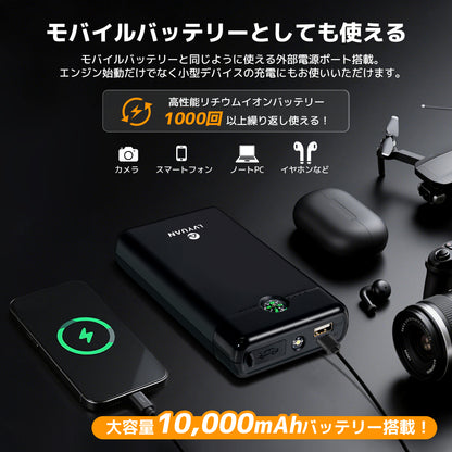 LVYUAN 12V車用ジャンプスターター 10000mAhバッテリー ピーク電流1500A