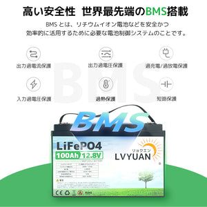 LVYUAN 12.8V/100Ah 1.28kWhリン酸鉄リチウムイオンバッテリー
