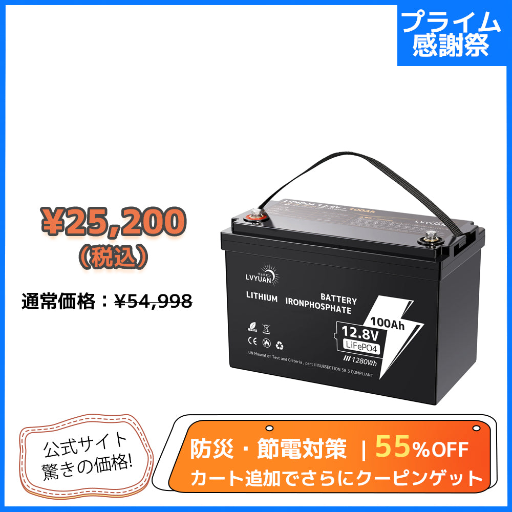 LVYUAN 12.8V/100Ah 1.28kWhリン酸鉄リチウムイオンバッテリー