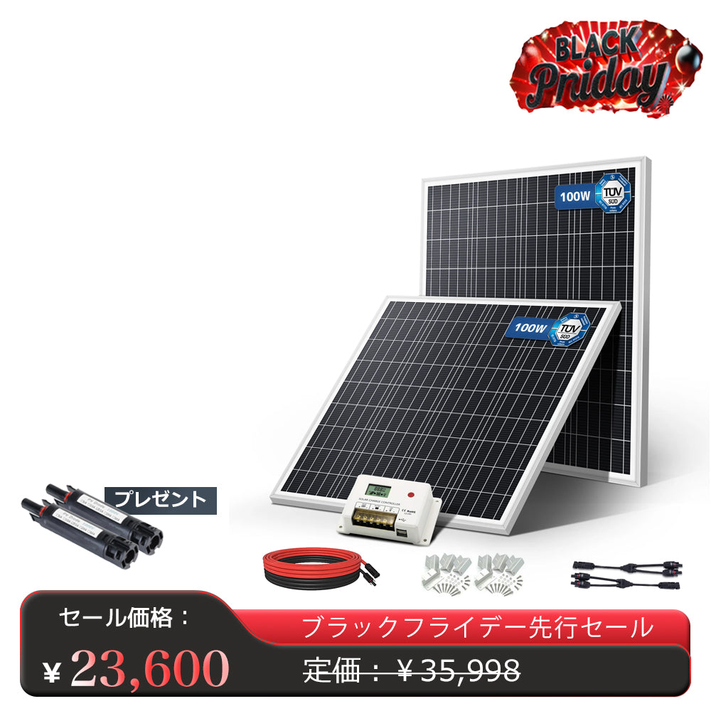 LVYUAN 100W ソーラーパネル 2枚（200W）+20A PWMチャージコントローラー セット【ICE基準・TUV規格品】