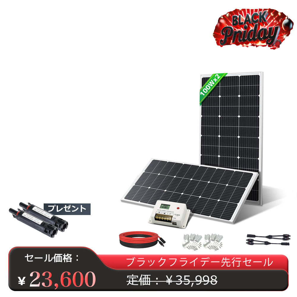 LVYUAN 200W太陽光発電セット ソーラーパネル2枚（100W）&ソーラーアクセサリ&20A PWMチャージコントローラー