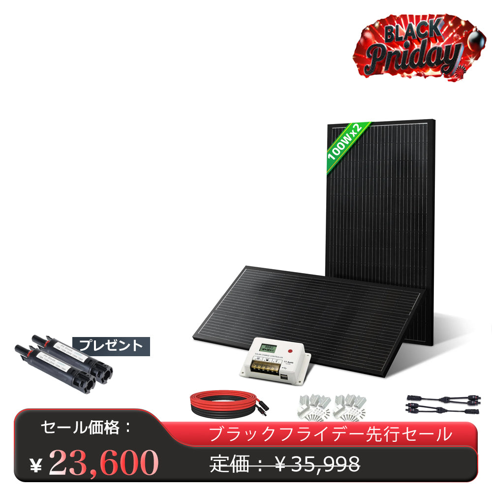 LVYUAN 200W太陽光発電セット ソーラーパネル2枚（100W）&ソーラーアクセサリ&20A PWMチャージコントローラー（ブラック）