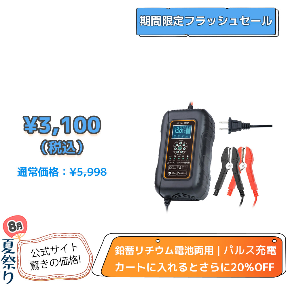 LVYUAN パルスバッテリー充電器 10A  12V・24V鉛蓄 / 12.8Vリチウム電池両用