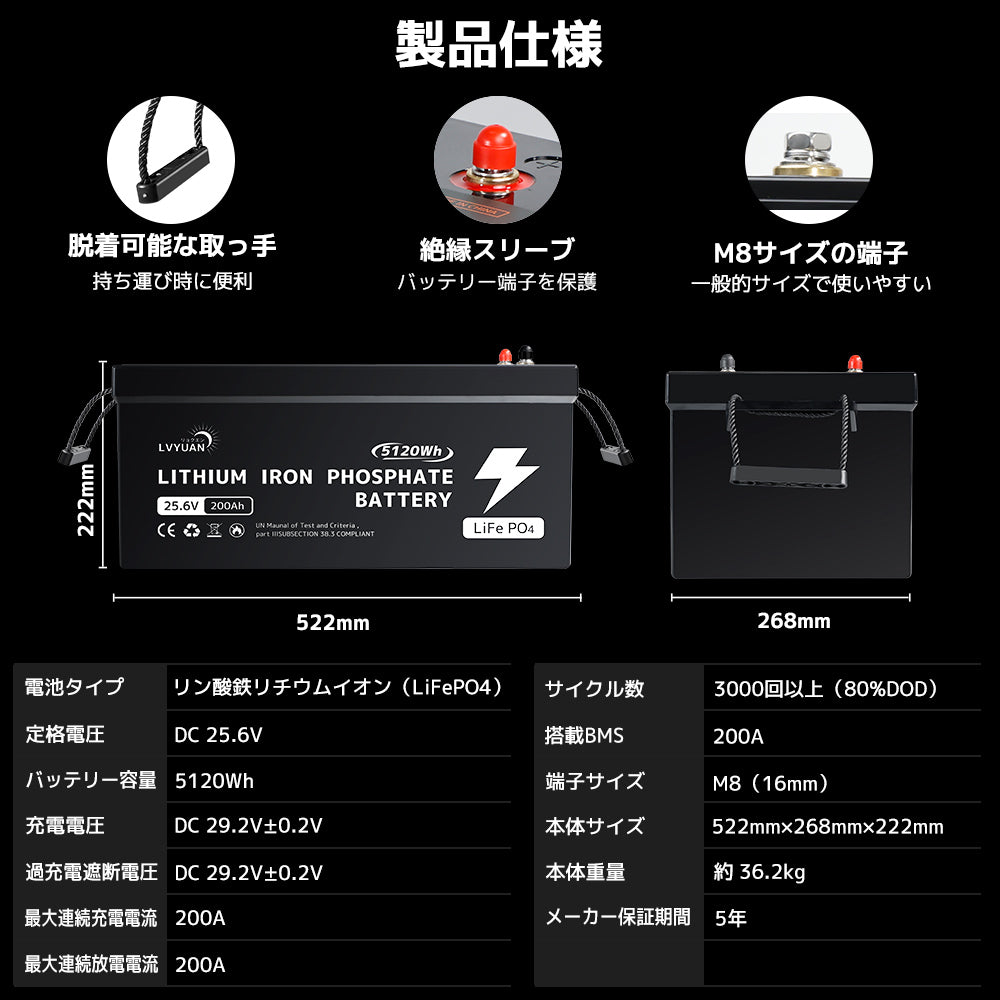 LVYUAN 25.6V/200Ah リン酸鉄リチウムイオンバッテリー