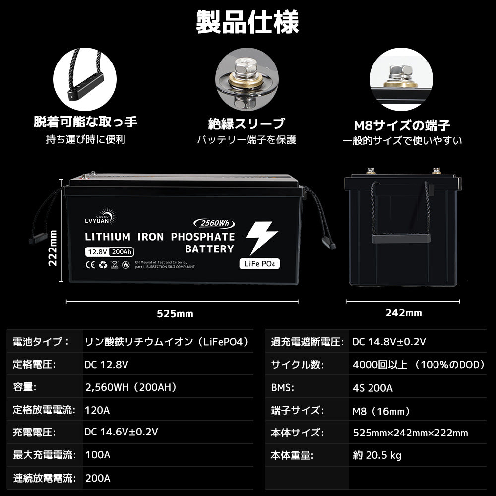 LVYUAN 12.8V/200Ah 2.56kWhリン酸鉄リチウムイオンバッテリー