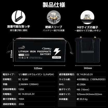 LVYUAN 12.8V/200Ah 2.56kWhリン酸鉄リチウムイオンバッテリー
