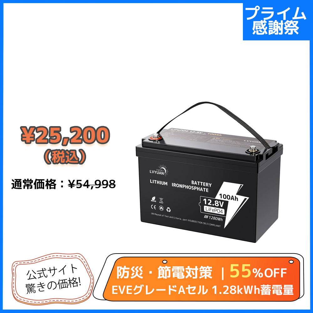 LVYUAN 12.8V/100Ah 1.28kWhリン酸鉄リチウムイオンバッテリー