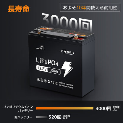 LVYUAN 12.8V/30Ah 384Whリン酸鉄リチウムイオンバッテリー