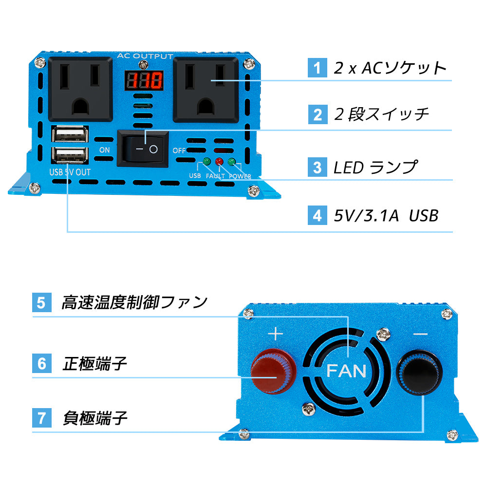 LVYUAN 純正弦波インバーター 500W DC12V（直流）AC100V（交流）