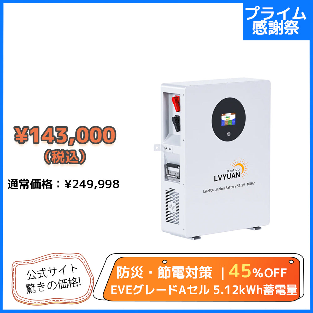LVYUAN 51.2V/100Ah 5.12kWhリン酸鉄リチウムイオンバッテリー