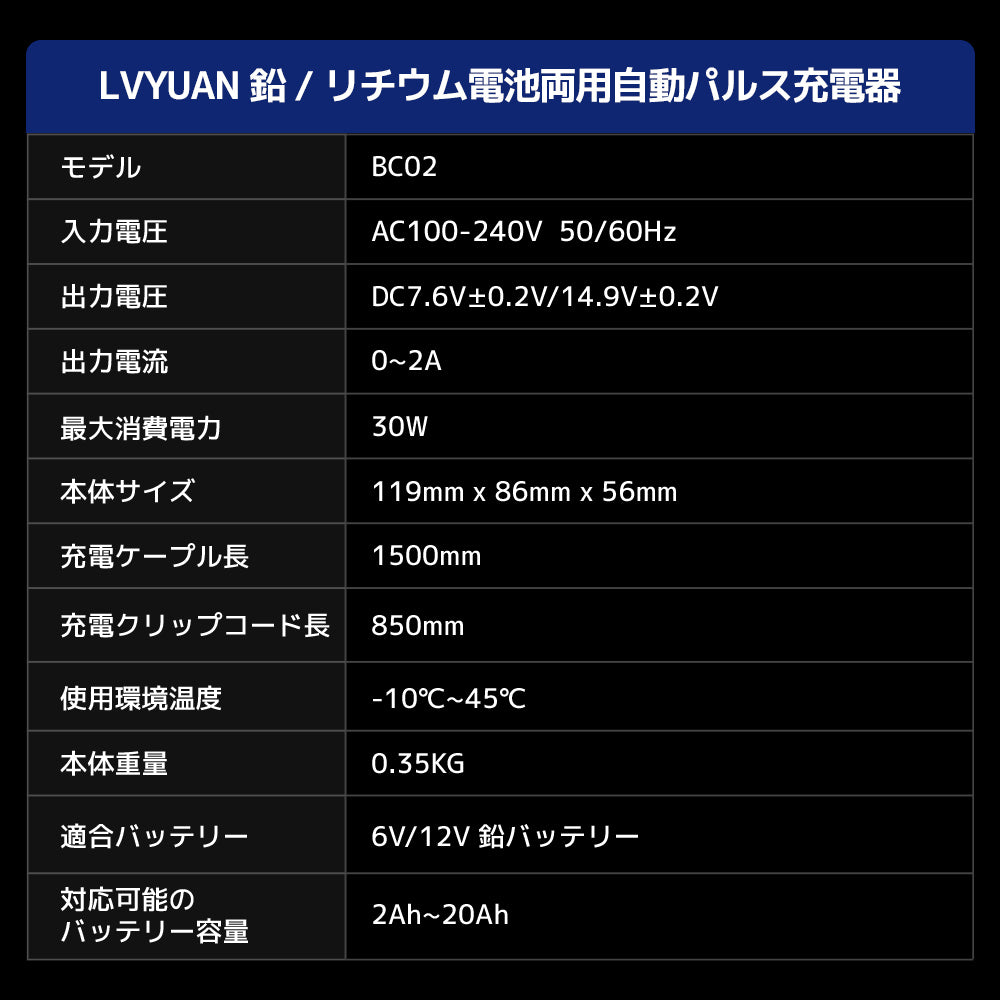 LVYUAN 定格2A バイクバッテリー充電器 6V/12V鉛バッテリー対応