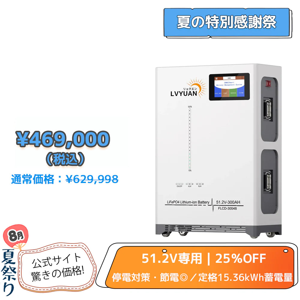 LVYUAN 51.2V/300Ah 15.36kWhリン酸鉄リチウムイオンバッテリー