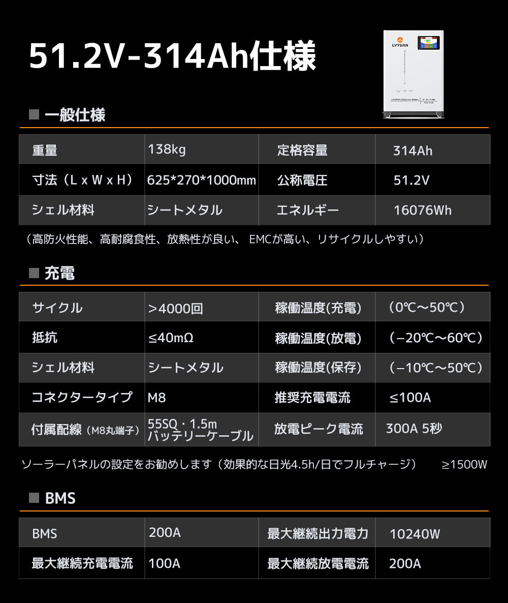 LVYUAN 51.2V/314Ah 16.07kWhリン酸鉄リチウムイオンバッテリー