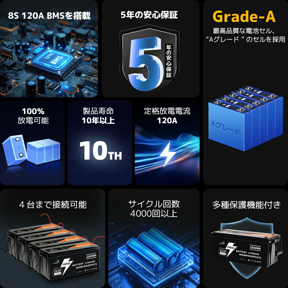 LVYUAN 25.6V/100Ah 2.56kWhリン酸鉄リチウムイオンバッテリー