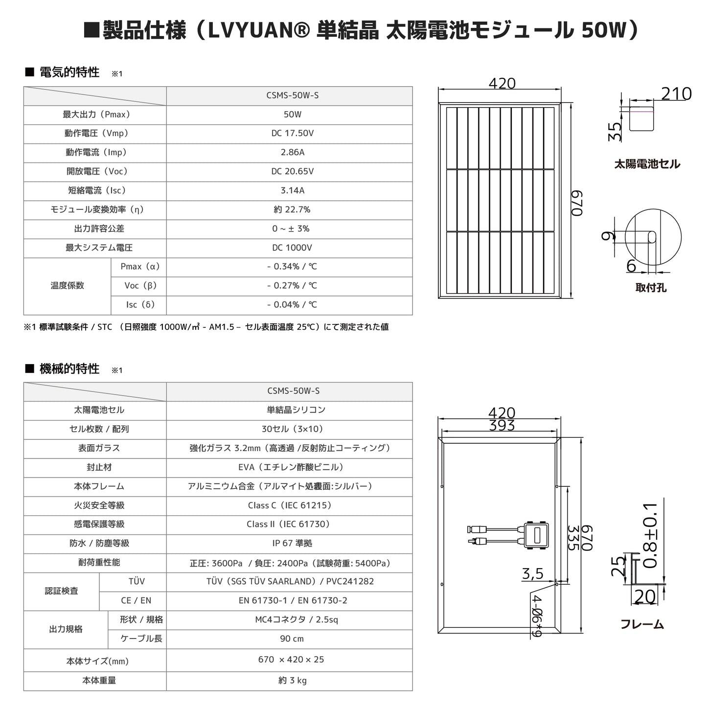 LVYUAN（リョクエン）50W 単結晶ソーラーパネル