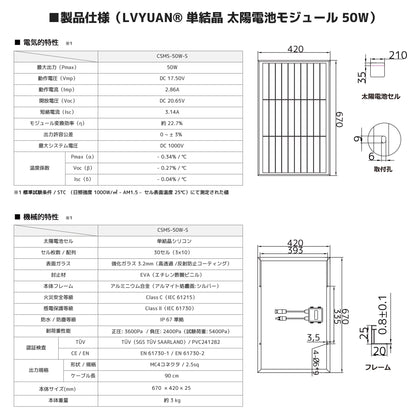 LVYUAN（リョクエン）50W 単結晶ソーラーパネル