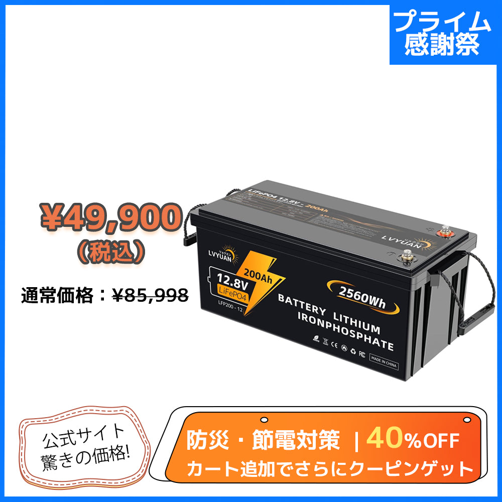 LVYUAN 12.8V/200Ah 2.56kWhリン酸鉄リチウムイオンバッテリー