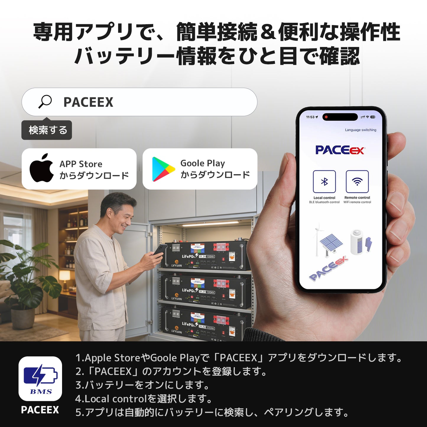 LVYUAN 51.2V/100Ah 5.12kWhリン酸鉄リチウムイオンバッテリー ラック型