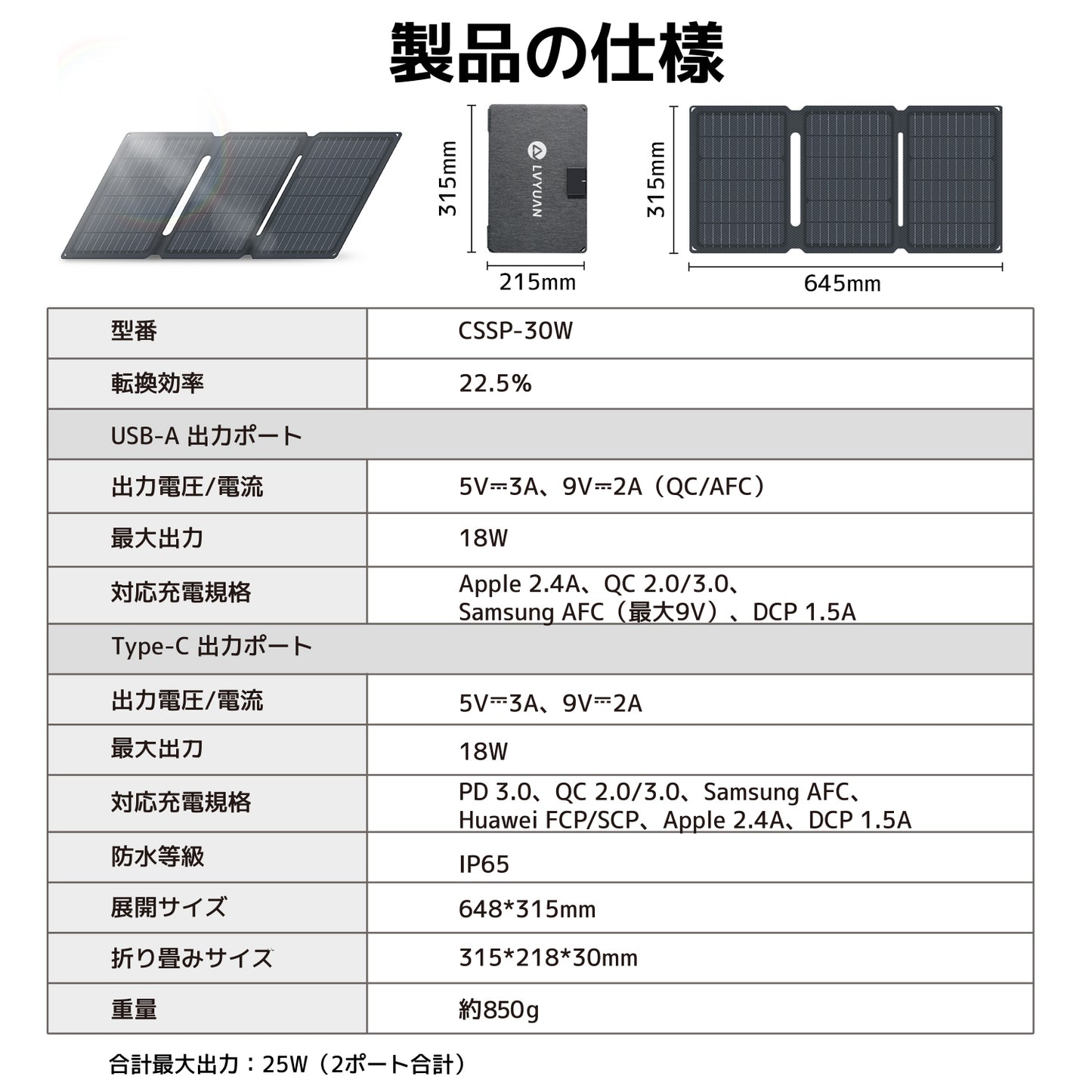 LVYUAN 30W 折り畳み式 ソーラーパネル SPシリーズ