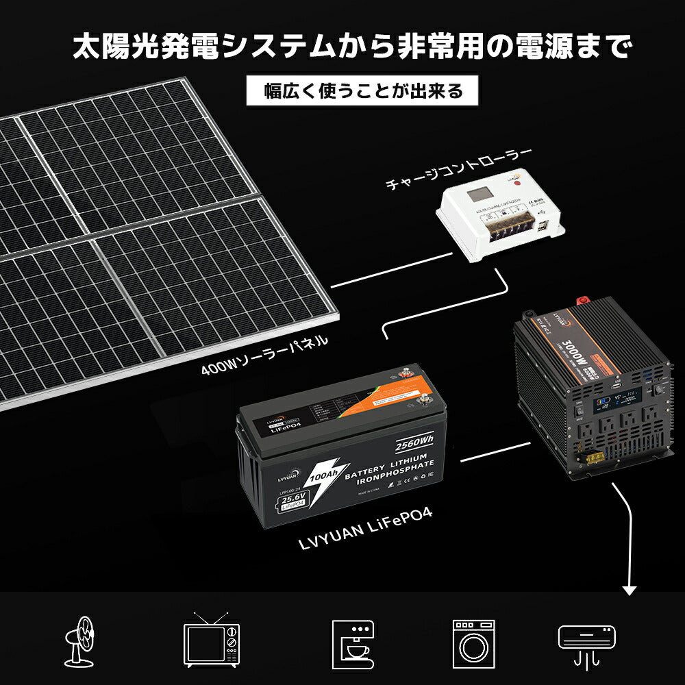 LVYUAN 25.6V/100Ah 2.56kWhリン酸鉄リチウムイオンバッテリー