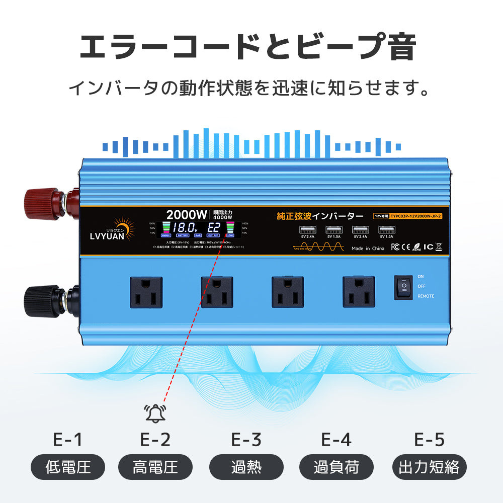 LVYUAN 純正弦波インバーター 2000W DC12V（直流）AC100V（交流）