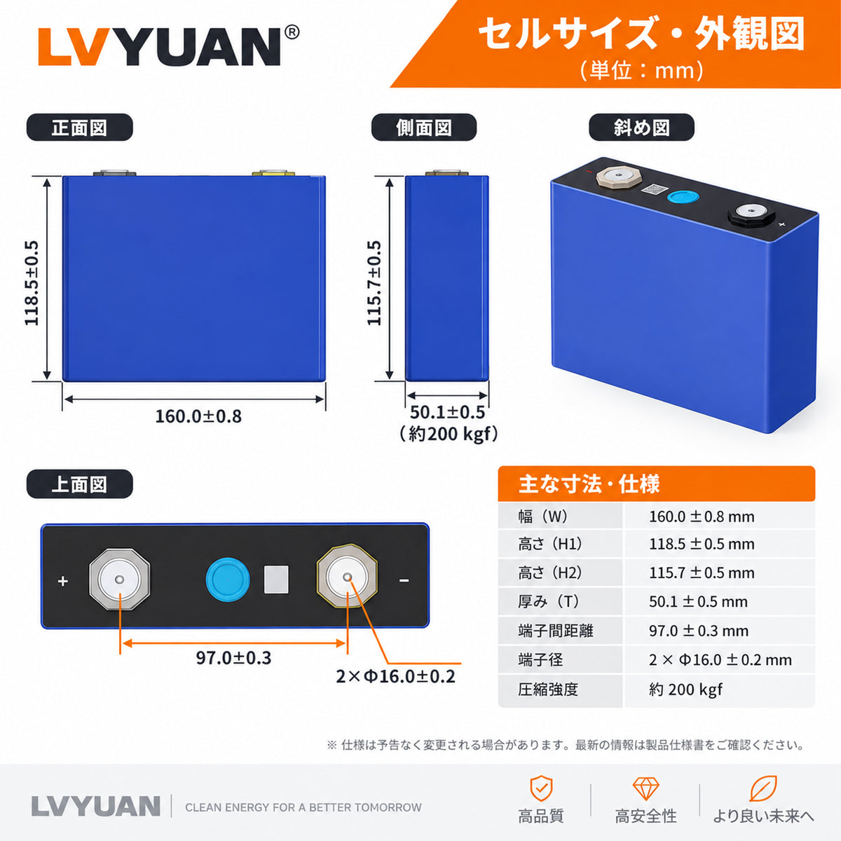 LVYUAN EVE Energy社製 LF100LA 3.2V 102Ah LiFePO4 リン酸鉄リチウムイオン電池セル