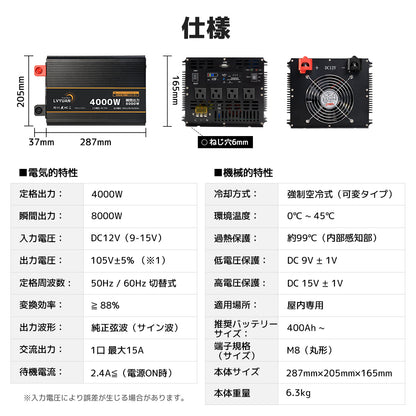 LVYUAN 純正弦波インバーター 4000W DC12V（直流）AC100V（交流）