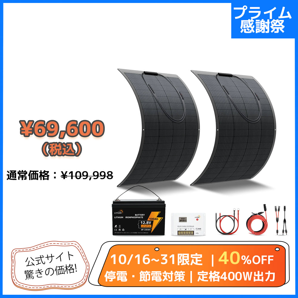 LVYUAN 200W フレキシブルソーラーパネル発電キット
