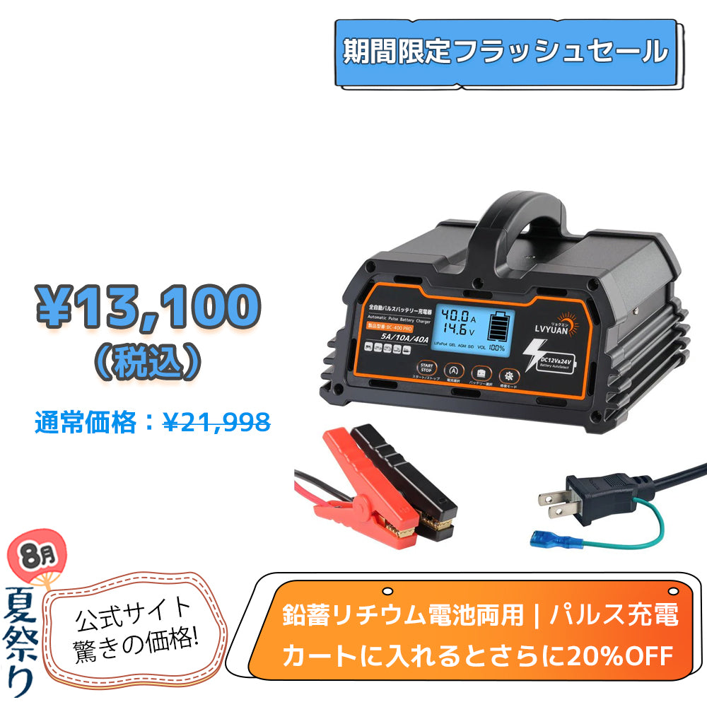 LVYUAN パルスバッテリー充電器 40A  12V・24V鉛蓄 / 12.8Vリチウム電池両用