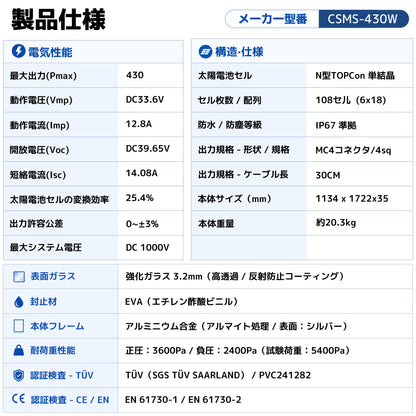 LVYUAN（リョクエン）430W 単結晶ソーラーパネル　N型両面ガラス式