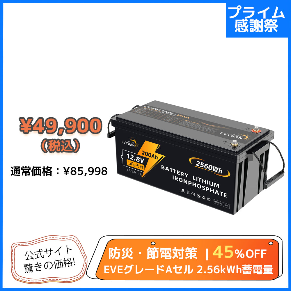 LVYUAN 12.8V/200Ah 2.56kWhリン酸鉄リチウムイオンバッテリー