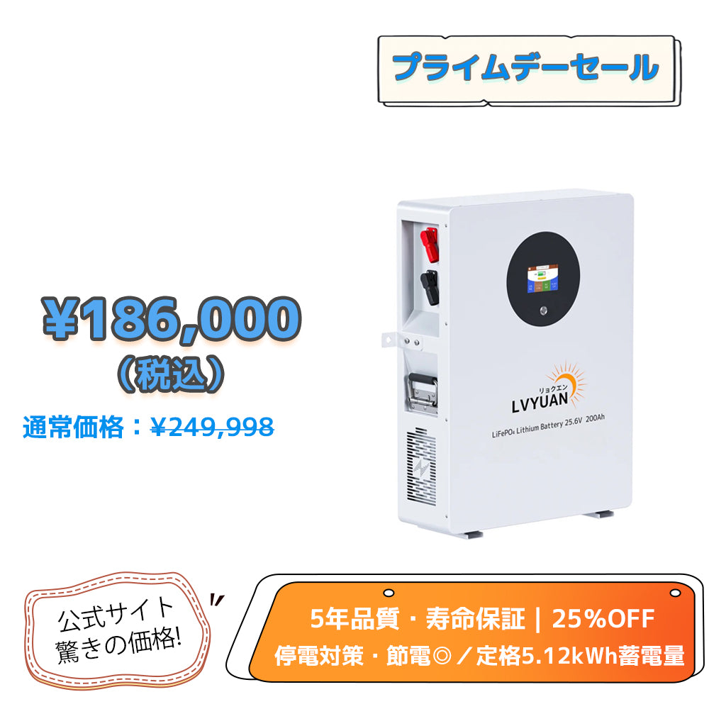 LVYUAN 25.6V/200Ah 5.12kWhリン酸鉄リチウムイオンバッテリー