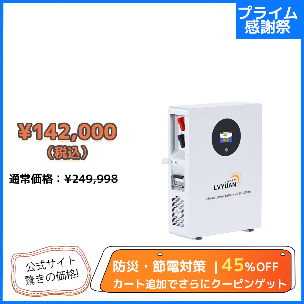 LVYUAN 25.6V/200Ah 5.12kWhリン酸鉄リチウムイオンバッテリー
