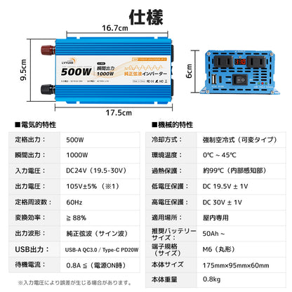 LVYUAN 純正弦波インバーター 500W DC24V（直流）AC100V（交流）