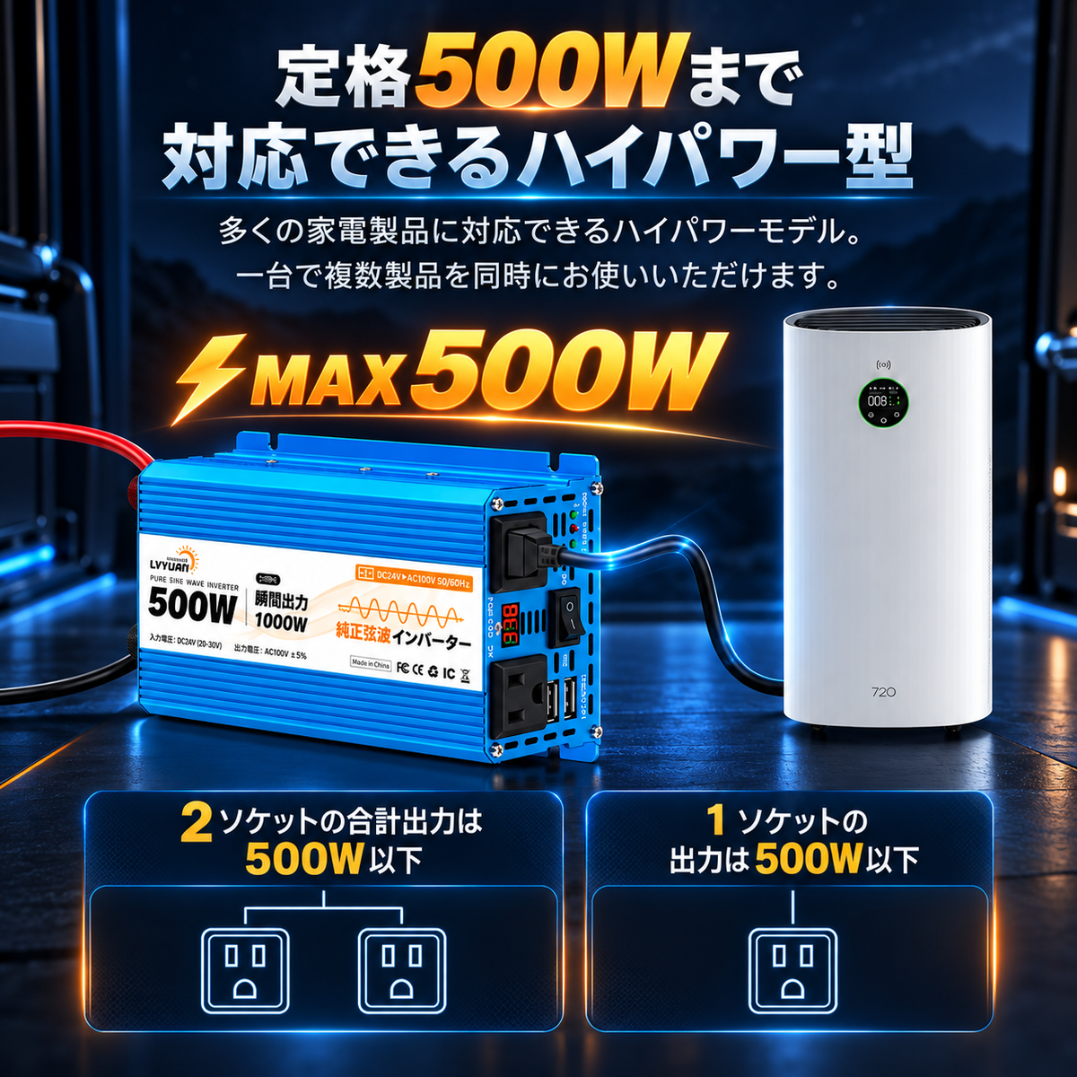 LVYUAN 純正弦波インバーター 500W DC12V（直流）AC100V（交流）