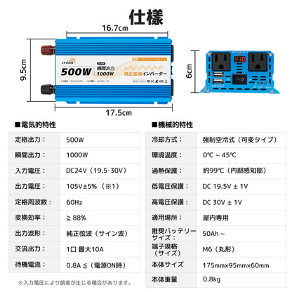 LVYUAN 純正弦波インバーター 500W DC24V（直流）AC100V（交流）