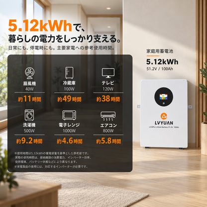 LVYUAN 51.2V/100Ah 5.12kWhリン酸鉄リチウムイオンバッテリー