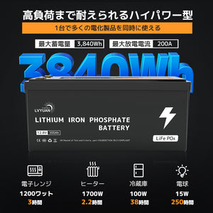 LVYUAN 12.8V/300Ah 3.84kWhリン酸鉄リチウムイオンバッテリー